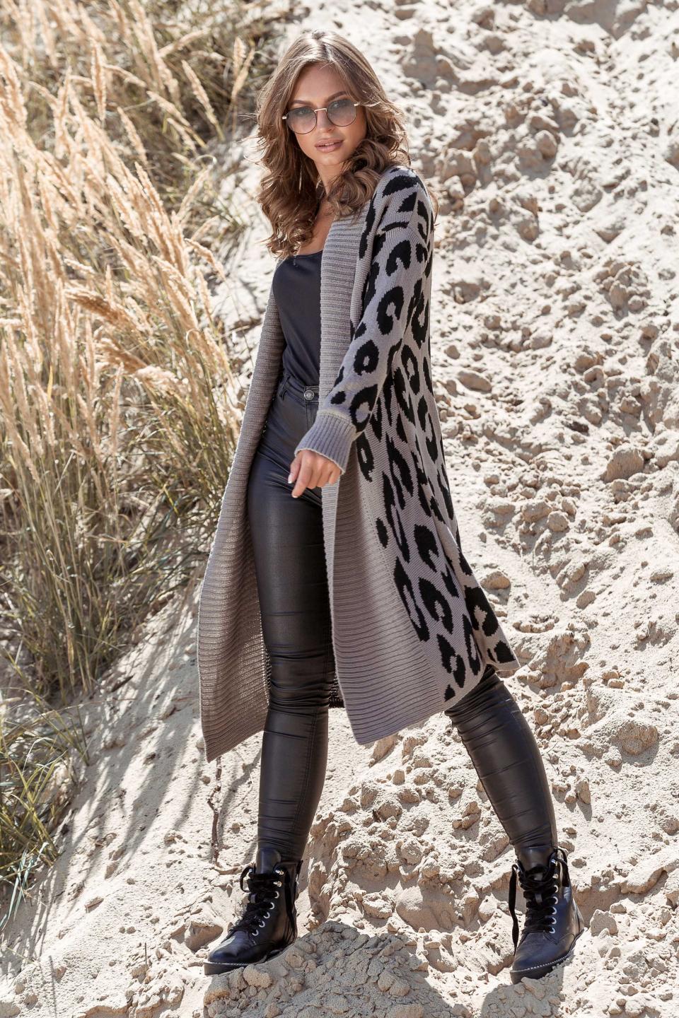 Leo Leopard Print Knitted Coat (Mocha, Black)