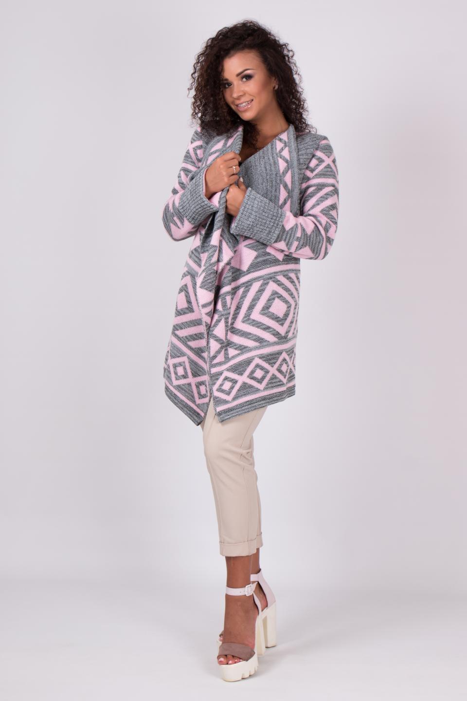 Knitted warm cardigan &quot;Arizona&quot; (gray melange, pink)