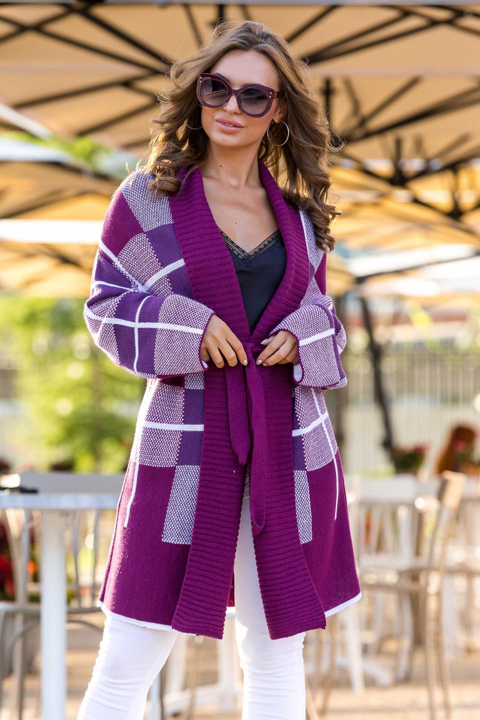 Knitted cardigan with a check &quot;Nicole&quot; (dark fuchsia, mauve, white)