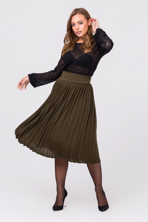 Midi pleated knitted skirt (khaki)
