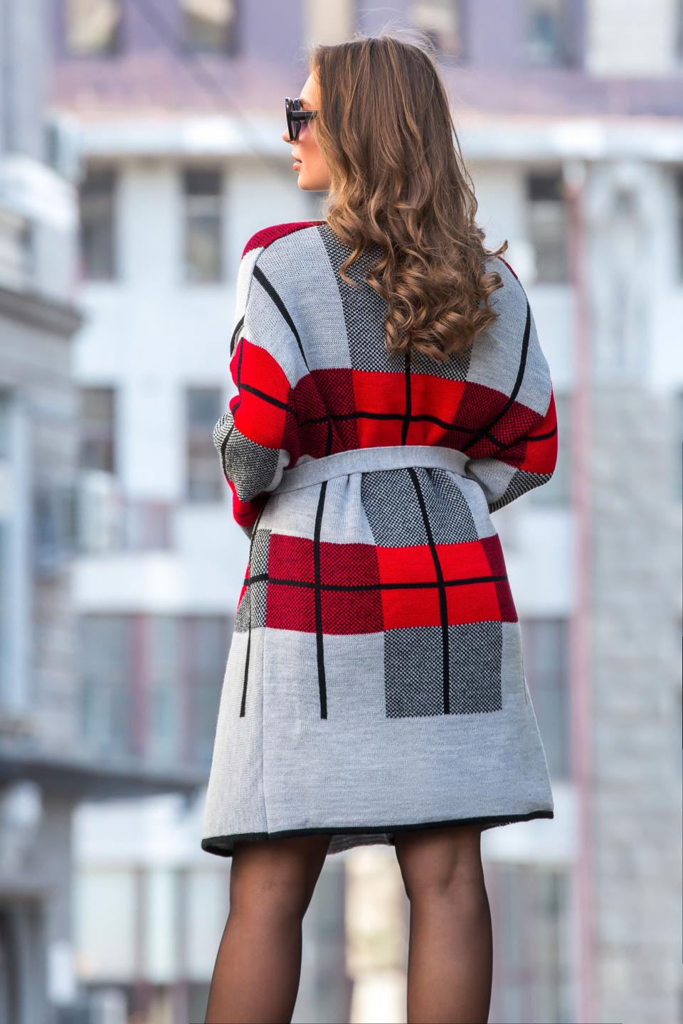 Knitted cardigan in a check &quot;Nikol&quot; (light gray, red, black)