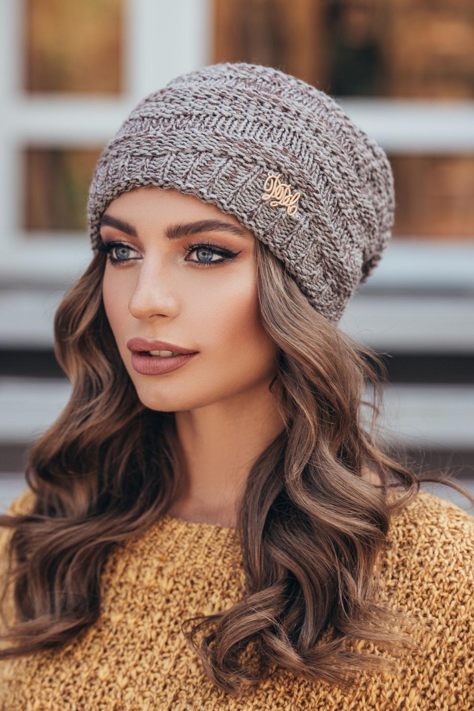 Warm women&#39;s knitted hat &quot;Lyra&quot; (cappuccino melange)