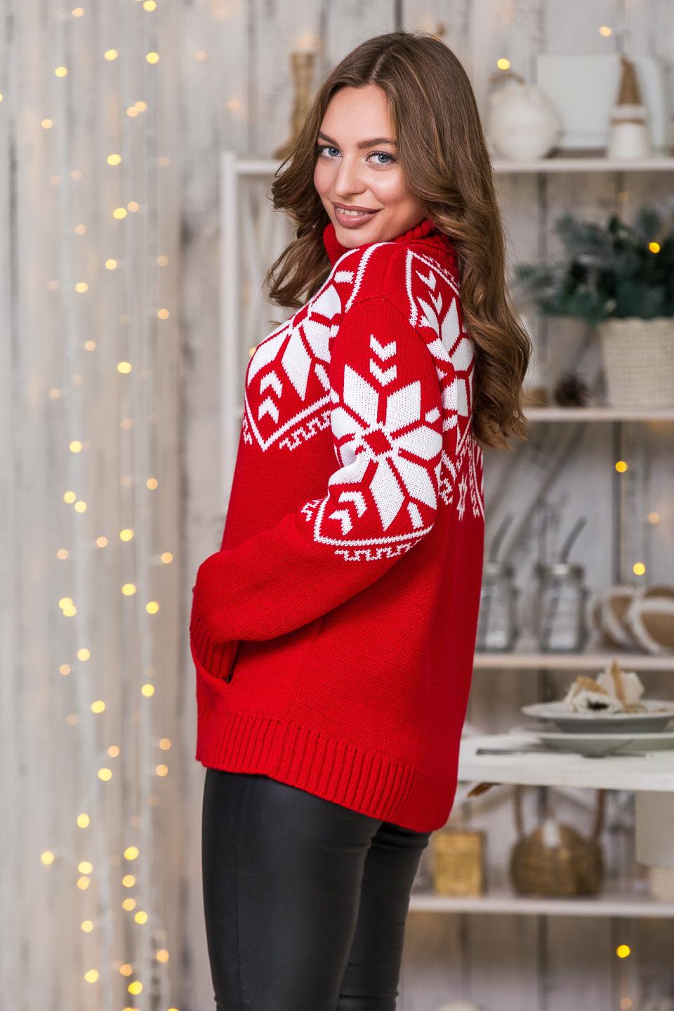 Теплый вязаный свитер «Снежка» (красный, белый)