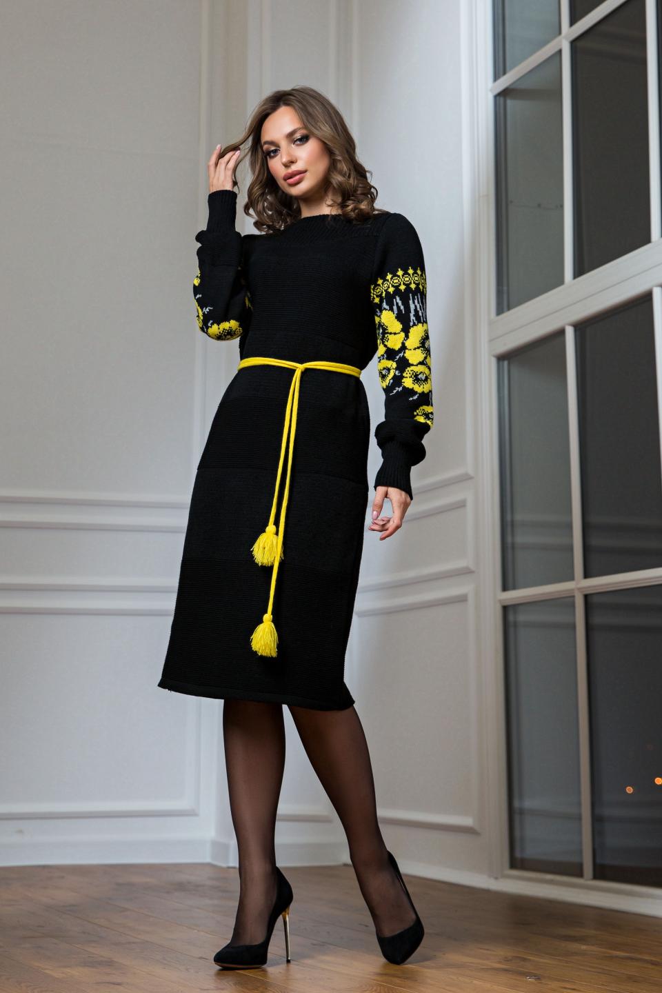 Warm knitted dress in ethnic style &quot;Lyubava&quot; (black, yellow, light gray)
