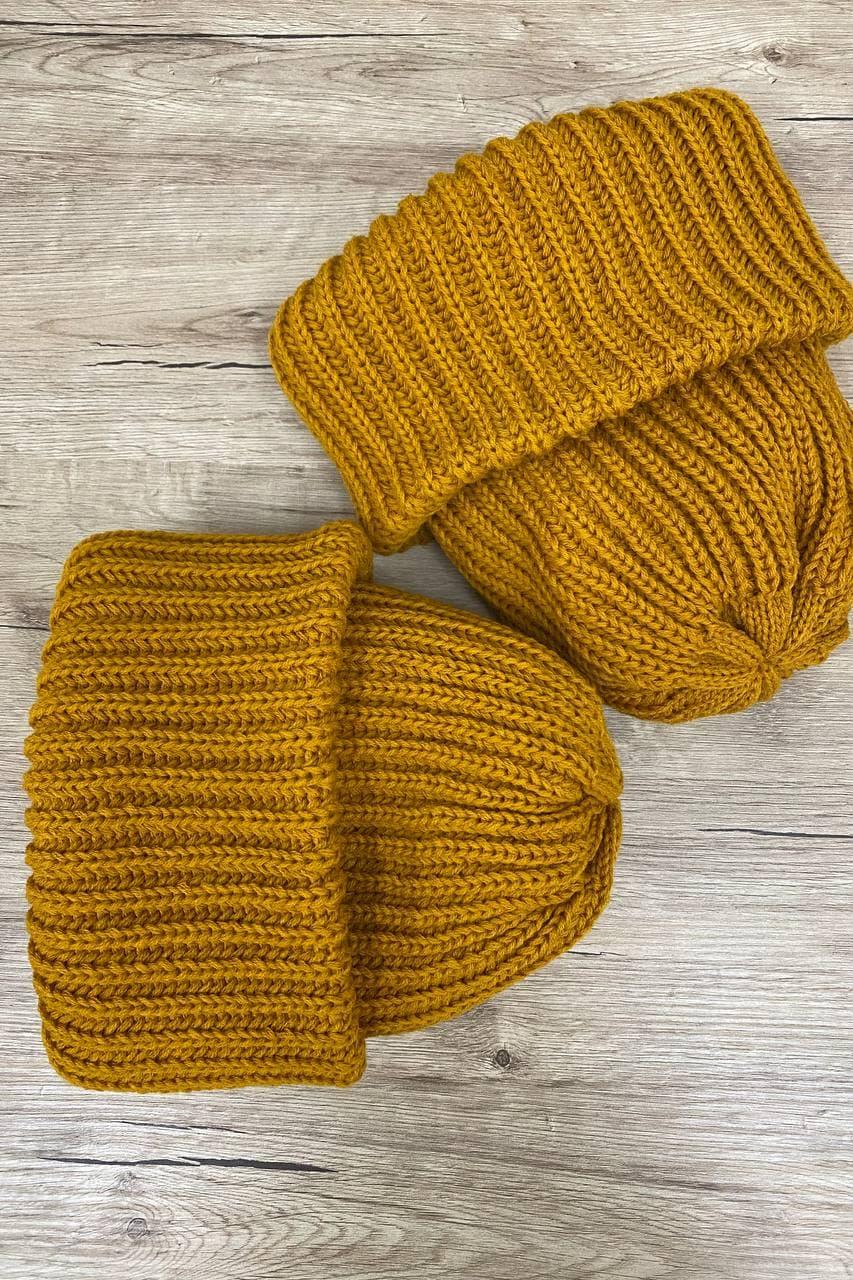 Warm knitted hat &quot;Dance&quot; (mustard)