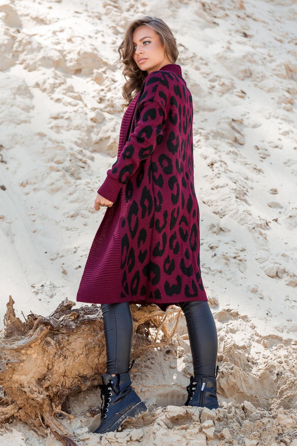 В'язане пальто з леопардовим принтом «Лео» (марсала, чорний)