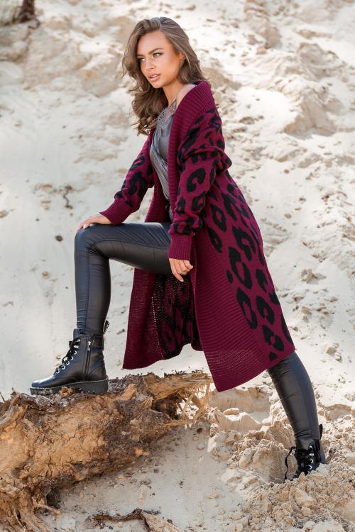 Вязаное пальто с леопардовым принтом «Лео» (марсала, черный)