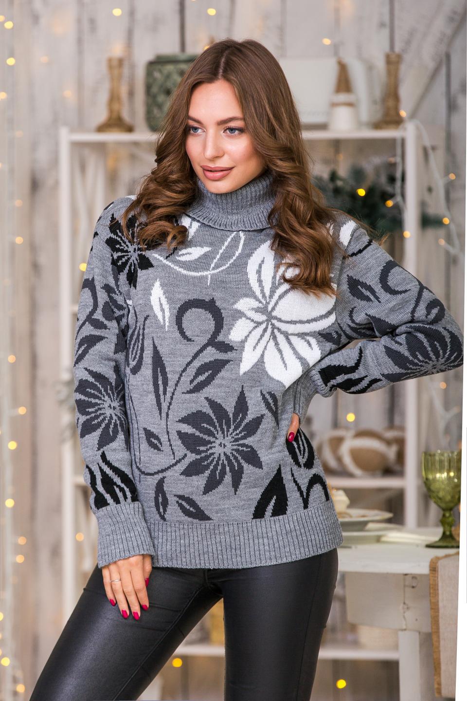 Sweater with floral print &quot;Veronika&quot; (gray, graphite, black, white)