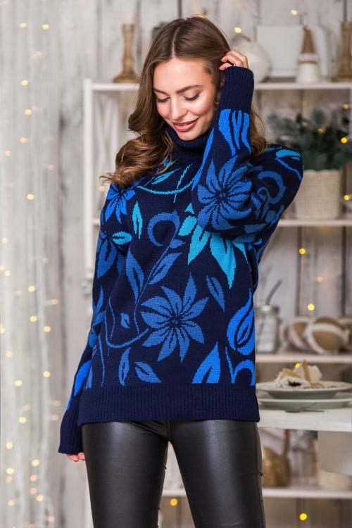 Sweater with floral print "Veronica" (blue, denim, cornflower, turquoise)