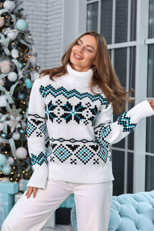 Теплий светр із норвезьким орнаментом «Берта» (білий, чорний, смарагд)