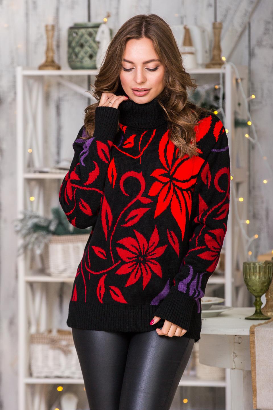 Sweater with floral print &quot;Veronika&quot; (black, cherry, plum, scarlet)