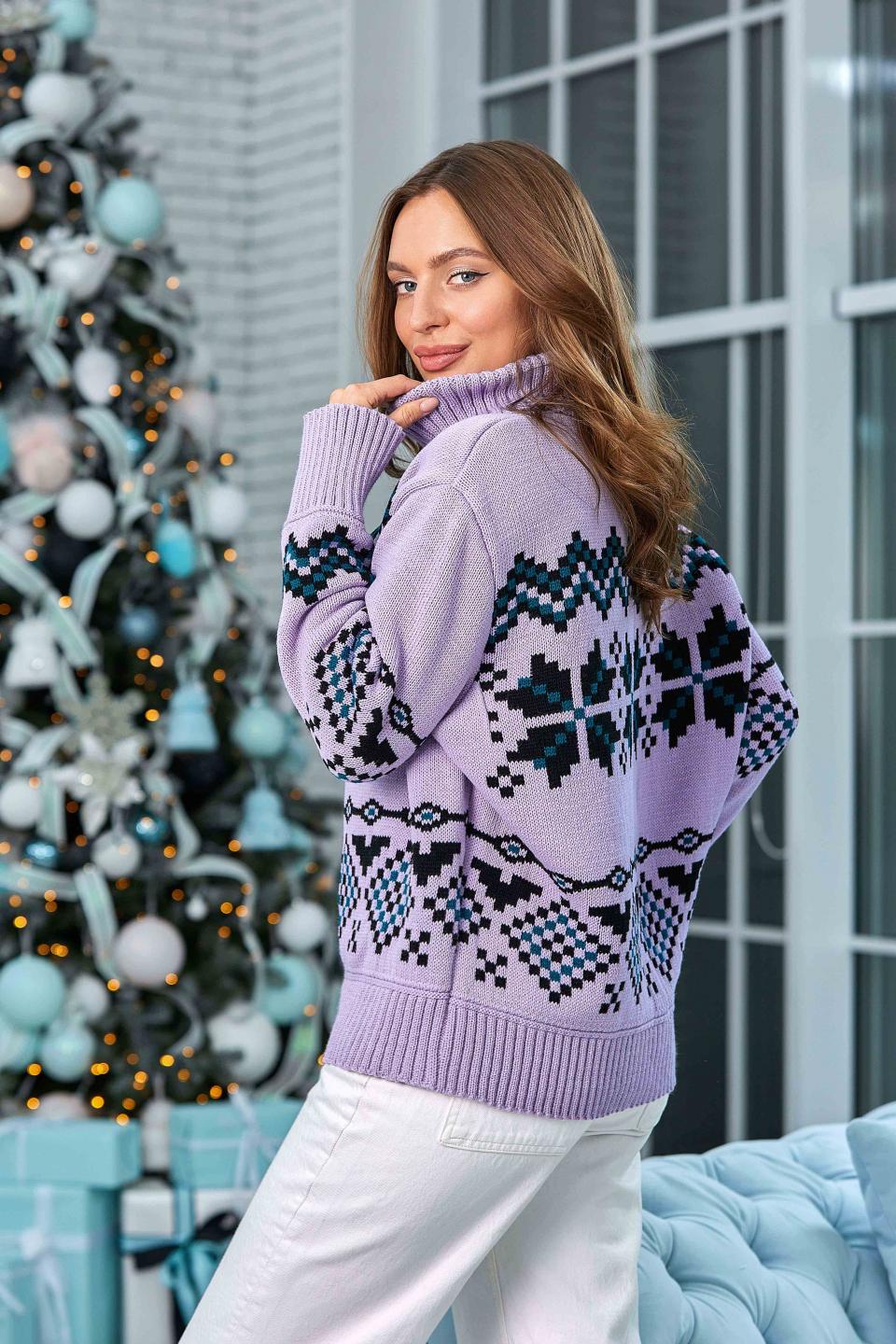 Теплий светр із норвезьким орнаментом «Берта» (барвінок, чорний, смарагд)