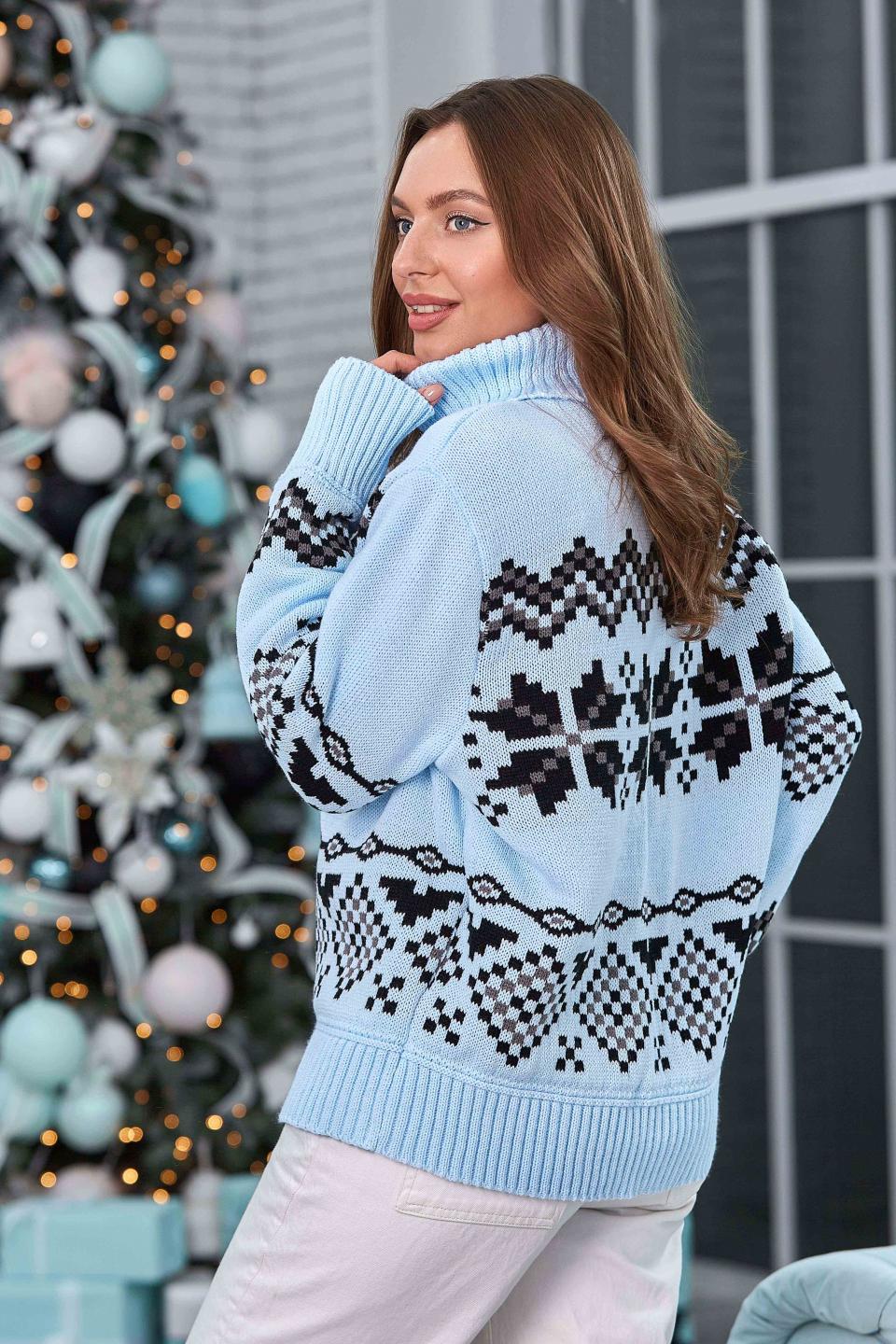 Теплый свитер с норвежским орнаментом «Берта» (голубой, черный, графит)