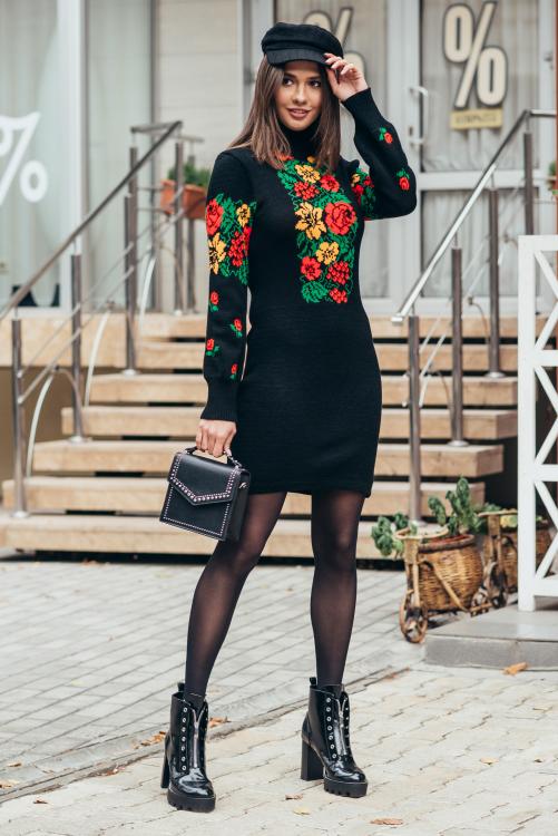 Knitted embroidered dress "Rowberry" (black, red, yellow, green)