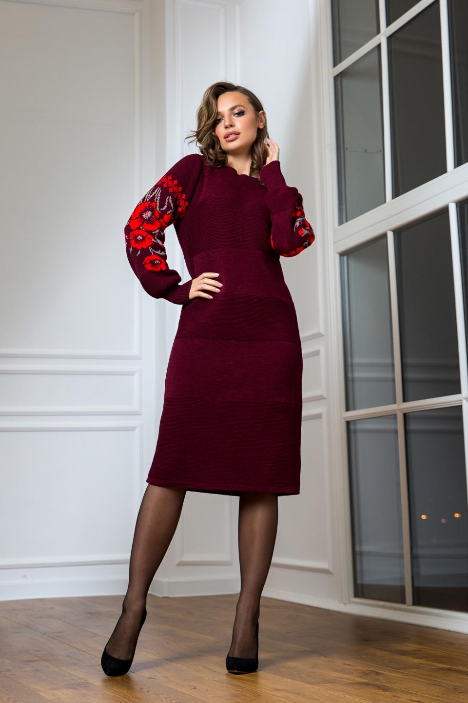Warm knitted dress in ethnic style &quot;Lyubava&quot; (burgundy, red, cappuccino)
