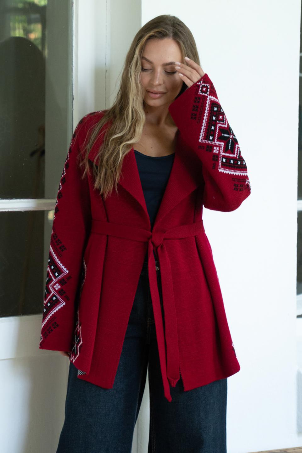 Knitted jacket in ethnic style "Krystyna" (cherry, black, white)
