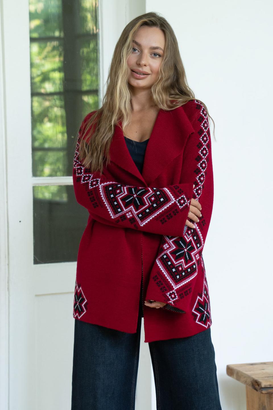 Knitted jacket in ethnic style "Krystyna" (cherry, black, white)