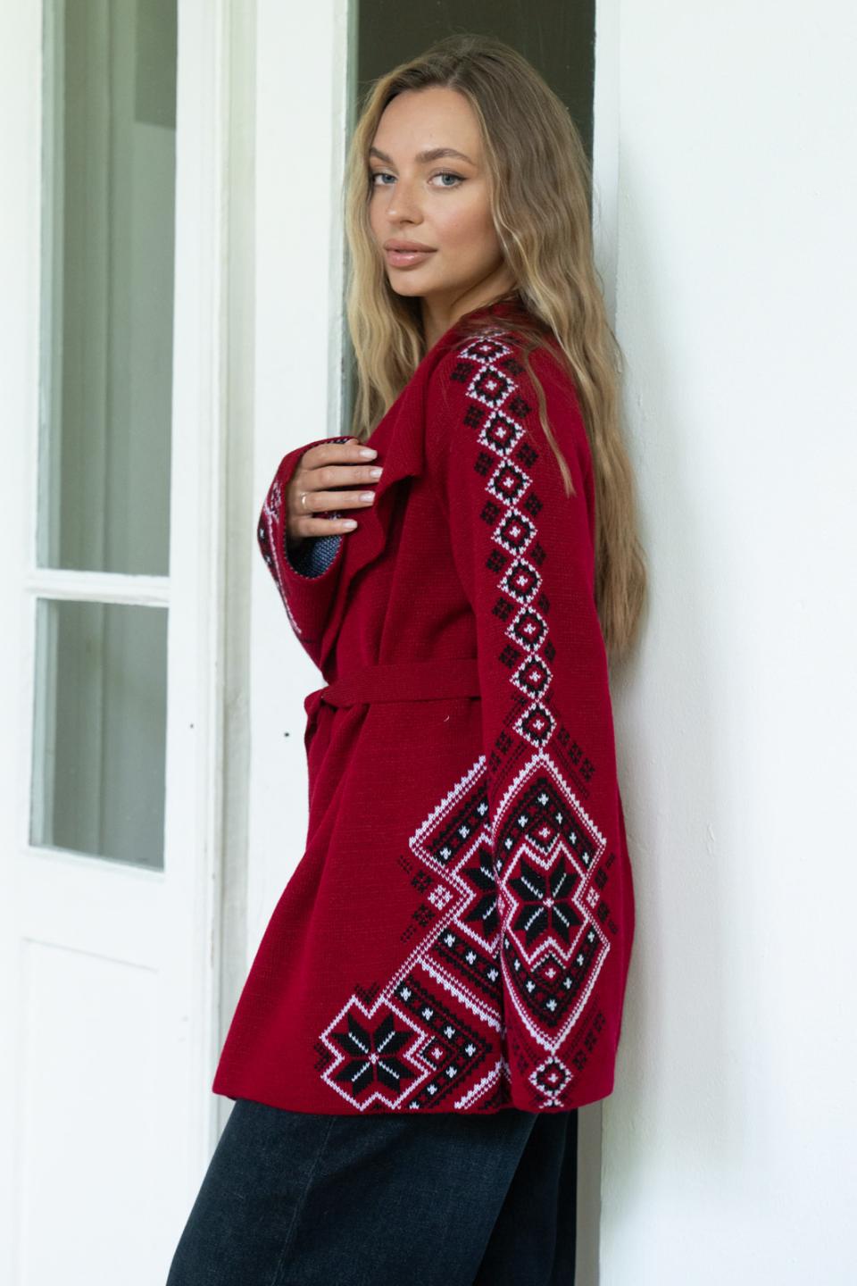 Knitted jacket in ethnic style "Krystyna" (cherry, black, white)