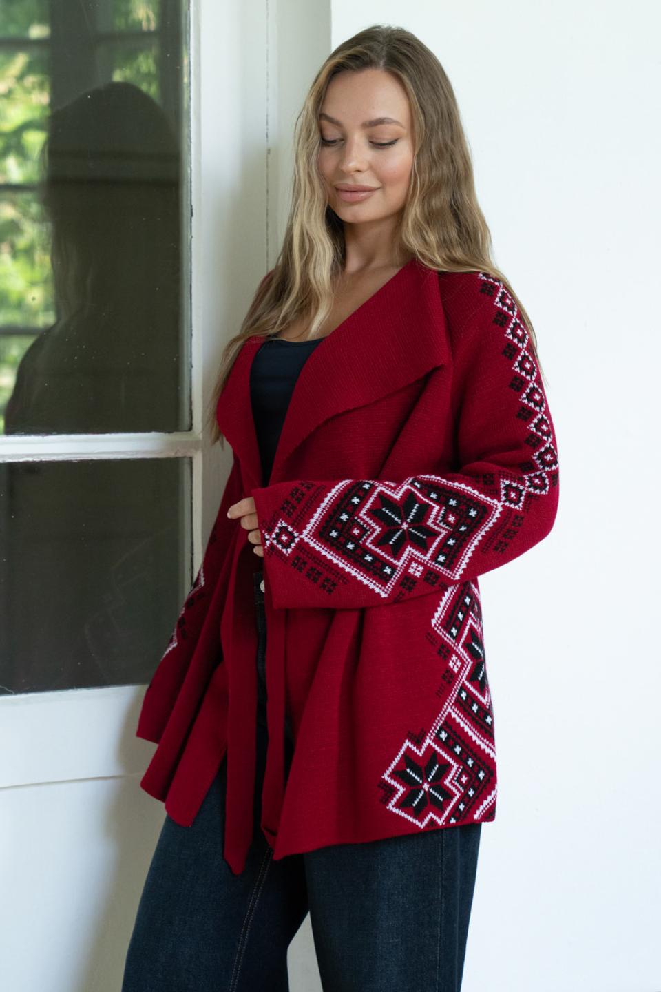 Knitted jacket in ethnic style "Krystyna" (cherry, black, white)