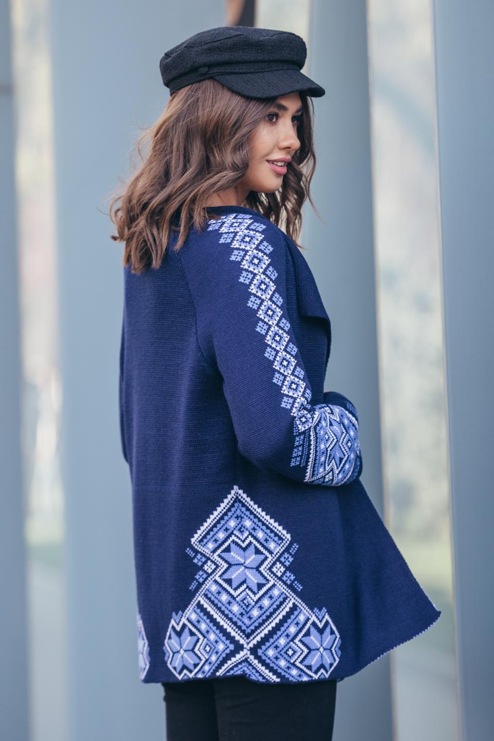 Knitted jacket in ethnic style &quot;Hrystina&quot; (blue, cornflower, white)