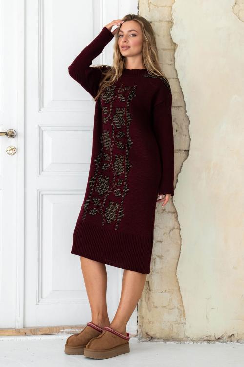 В'язана сукня вишиванка «Вербена» (бордо, чорний, карамель)