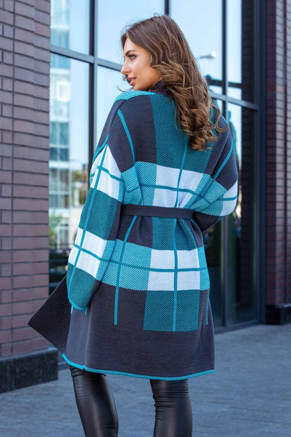 Knitted cardigan with a check &quot;Nicole&quot; (graphite, pale blue, emerald)