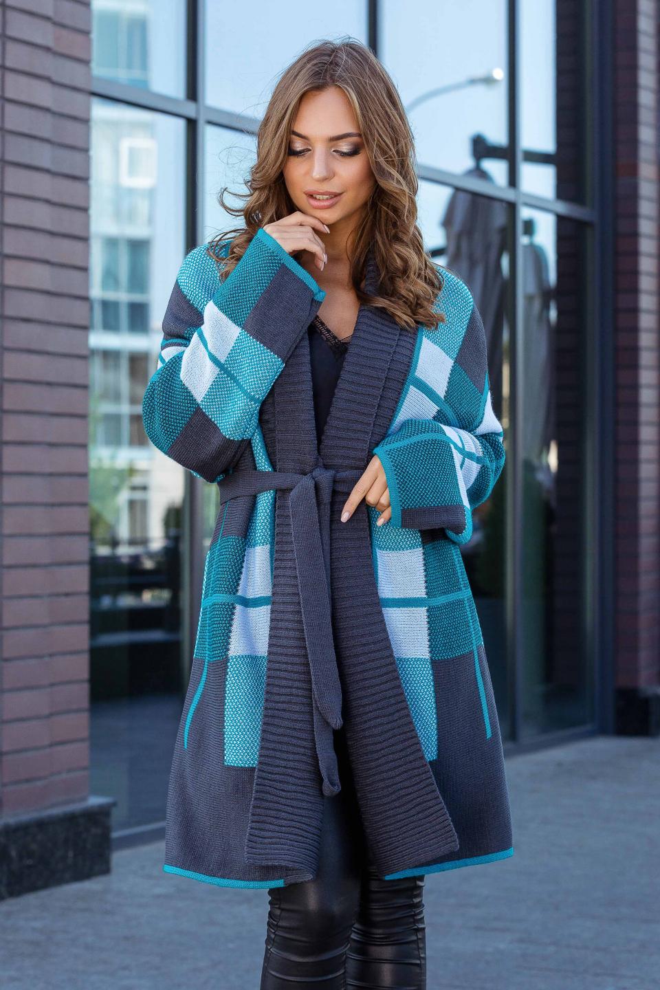 Knitted cardigan with a check &quot;Nicole&quot; (graphite, pale blue, emerald)