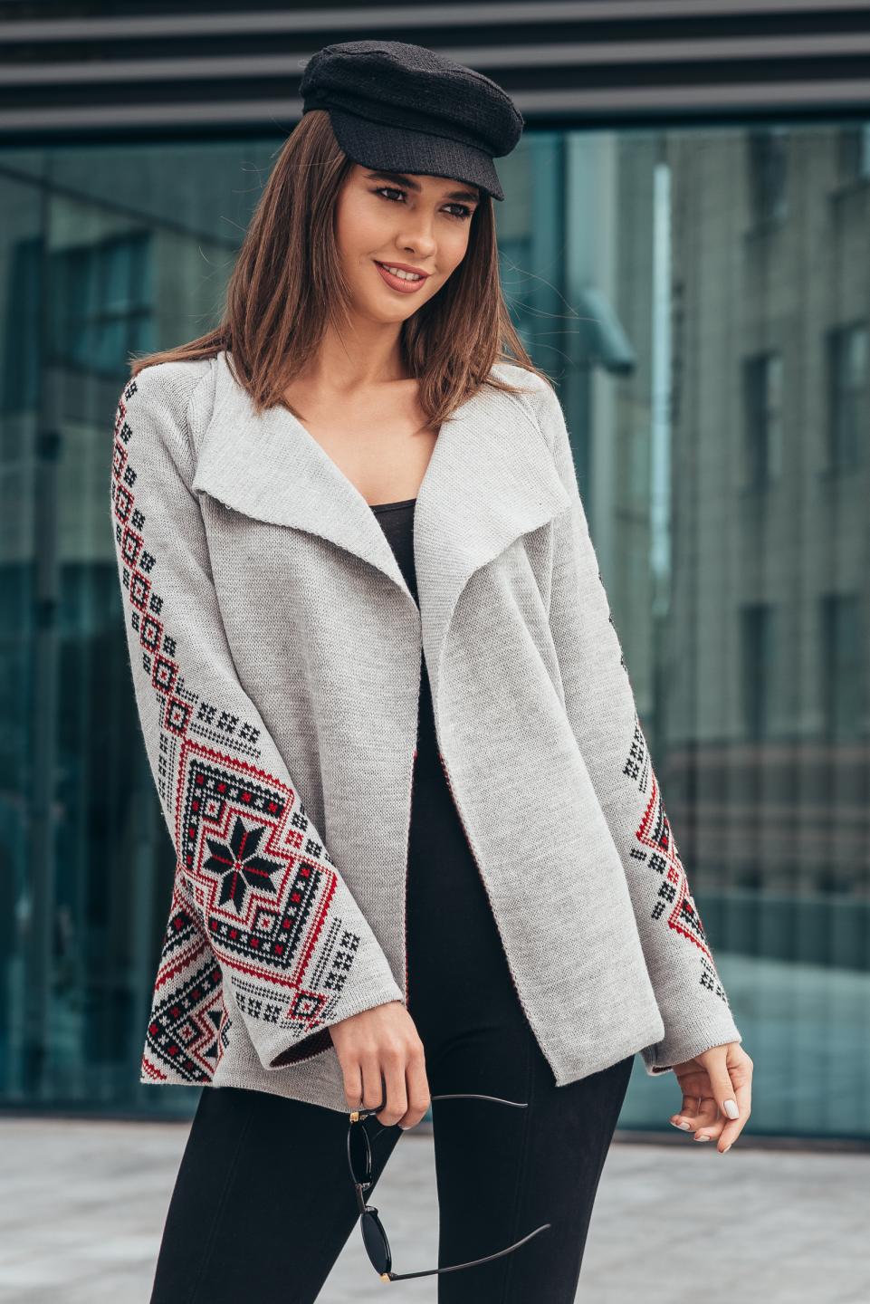 Knitted jacket in ethnic style &quot;Krystyna&quot; (light gray, black, scarlet)