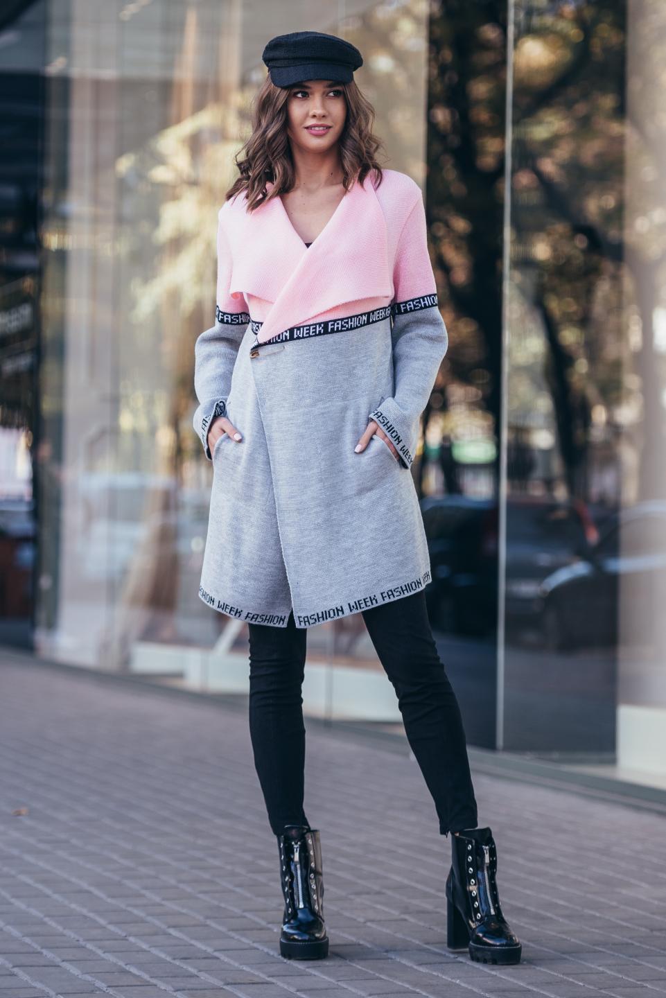 FashionWeek Stripe Knitted Cardigan (Pink, Grey)