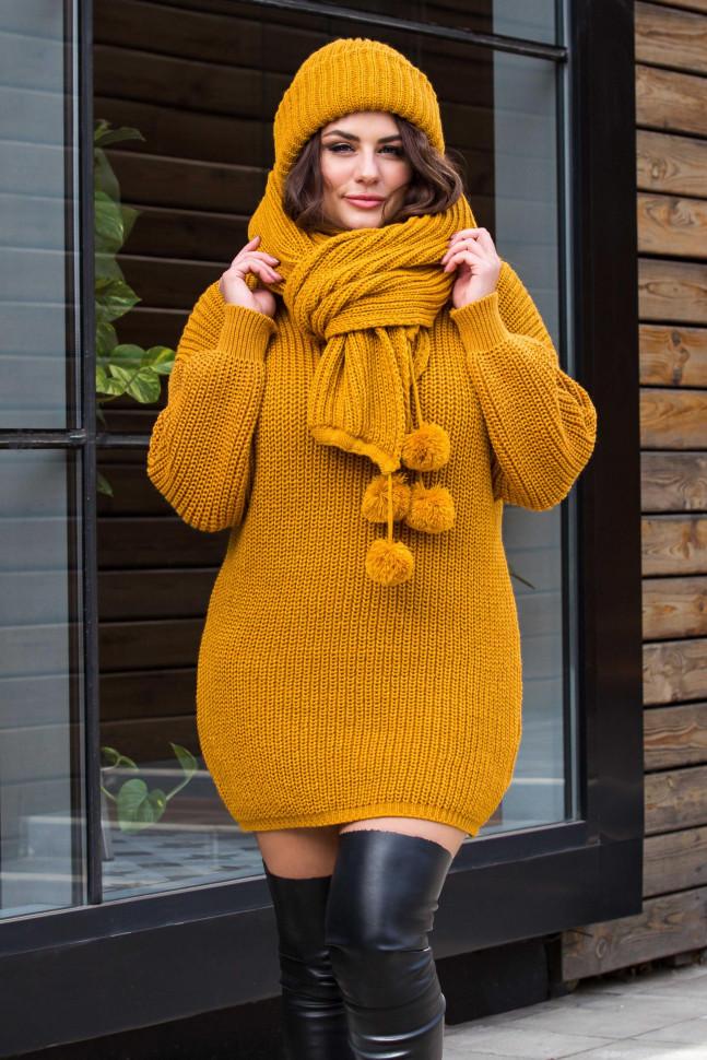 Dress «Tina» in a set with a hat and scarf «Dance» (mustard)