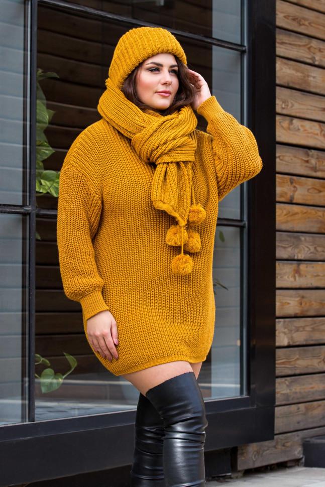 Dress «Tina» in a set with a hat and scarf «Dance» (mustard)