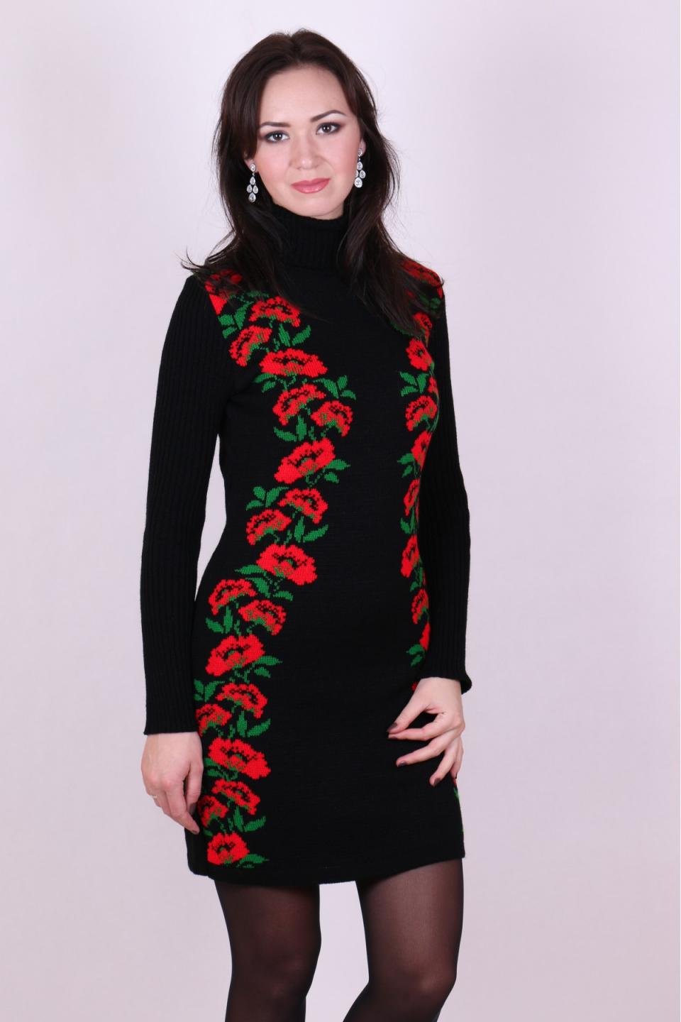 Warm knitted dress &quot;Poppies&quot; (black, red, green)