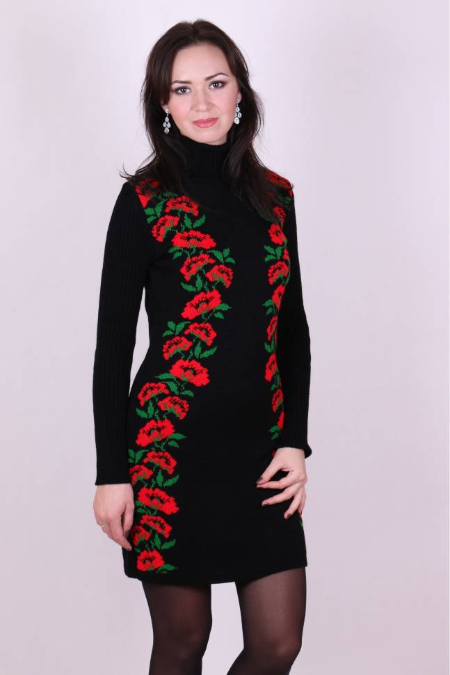Warm knitted dress "Poppies" (black, red, green)